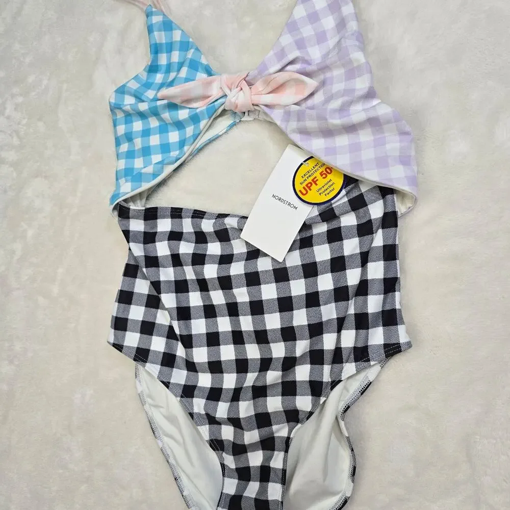 Nordstrom Gingham Print Cutout One-Piece Swimsuit size 12 Youth NWT